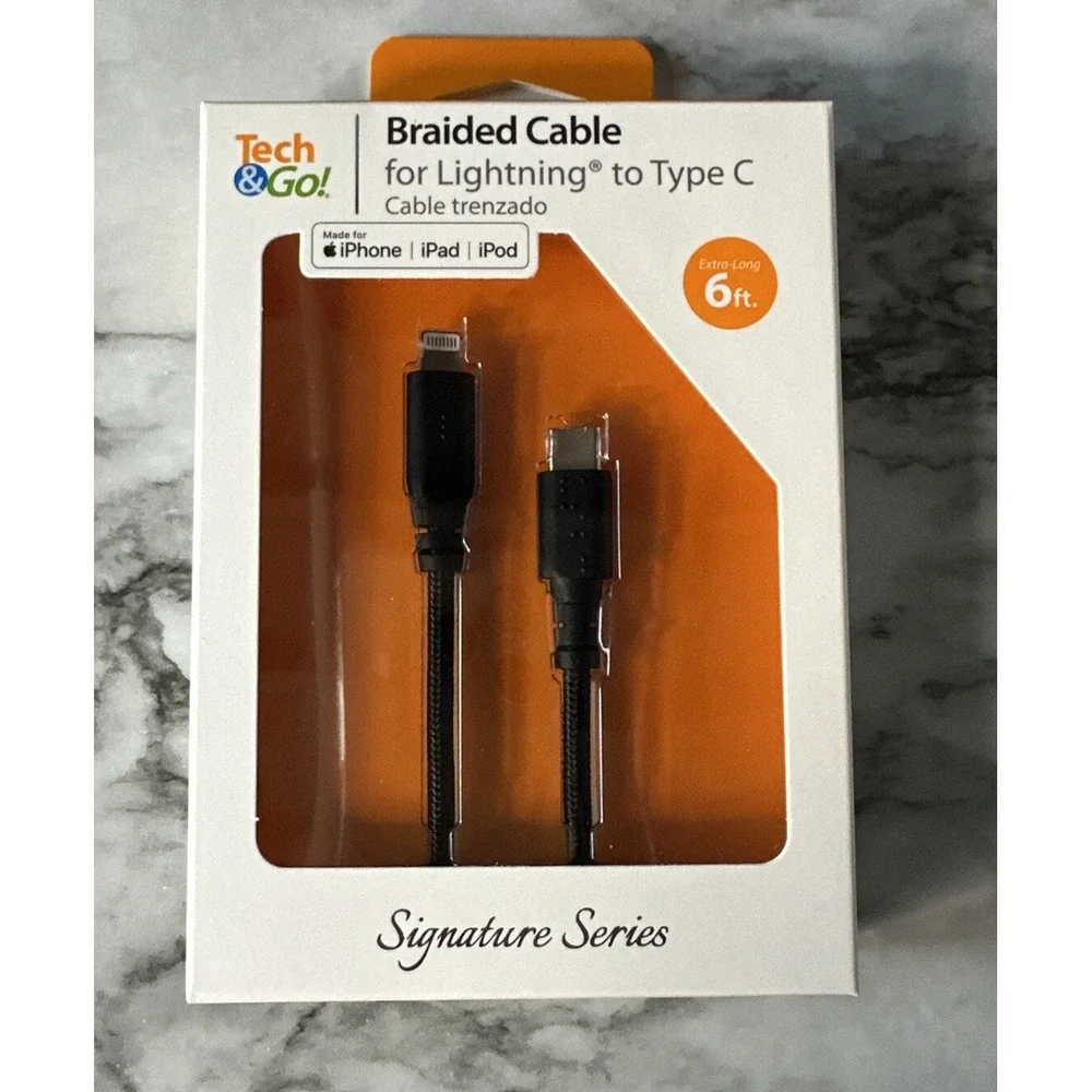 Tech & Go 6ft USB Braided Charge Cable for iPhone iPad L to Type C - NEW - Black